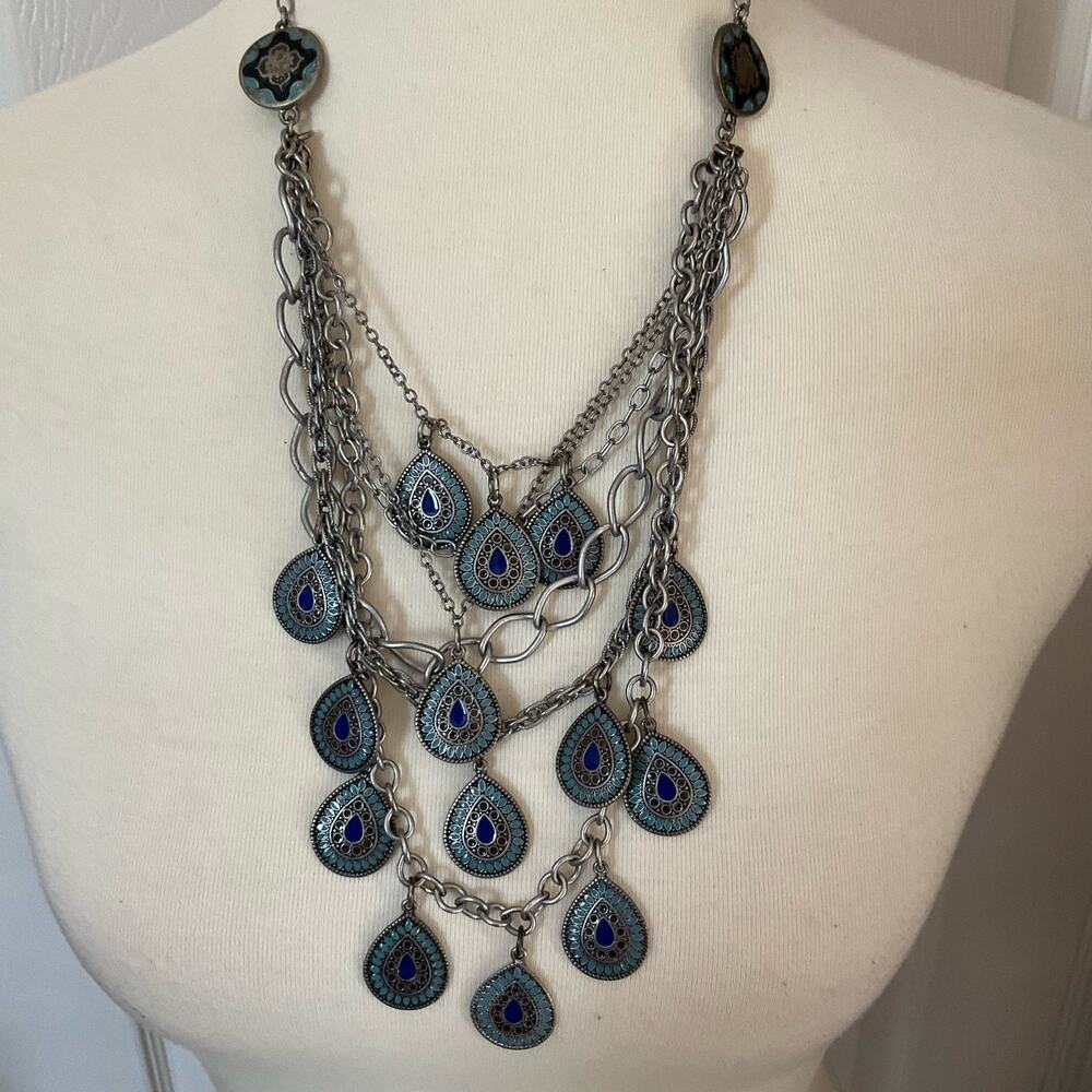 Silver Blue and Aqua  Multi Statement Necklace